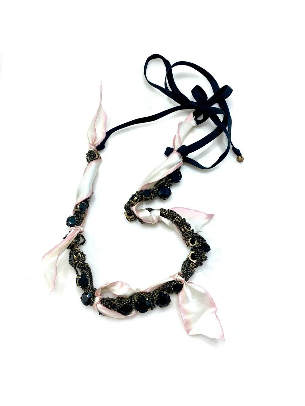 J. Crew Black Bead Necklace with Pink Ribbon Accents